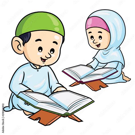 Illustration of cute cartoon moslem kids reading Quran. Stock Vector ...