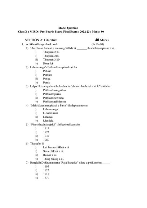 Tbse Madhyamik Mizo Model Paper Pdf