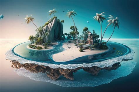 A Surreal Float Island With A Beach And Palm Trees Surrounded By