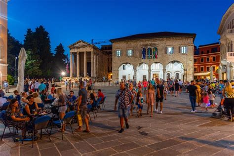 Pula, Croatia, July 30, 2020: Nightlife at Forum Square in Pula ...