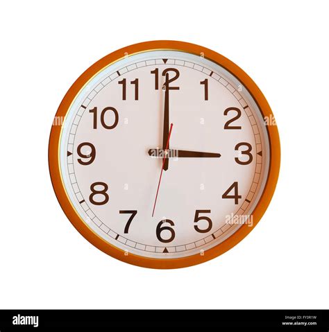 Orange Wall Clock Isolated In Three Oclock On White Background Stock