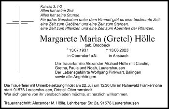 Traueranzeigen von Margarete Maria Hölle Schwarzwälder Bote Trauer