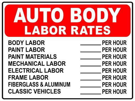 Collision Repair Shop Bodyshop Hourly Labor Rates Sign PDF Template