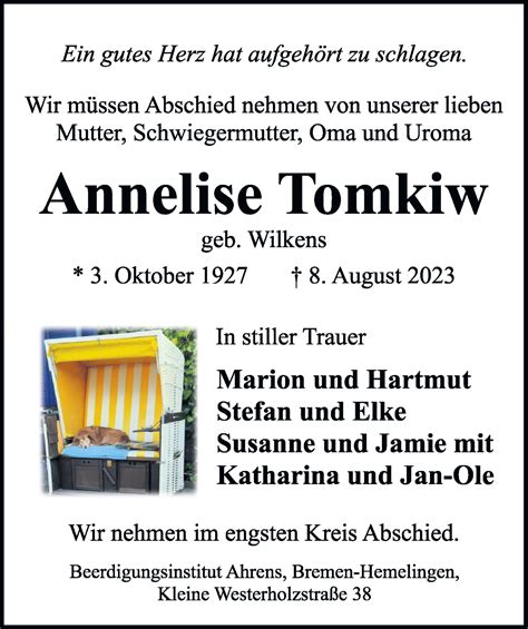 Traueranzeigen Von Annelise Tomkiw Trauer Gedenken