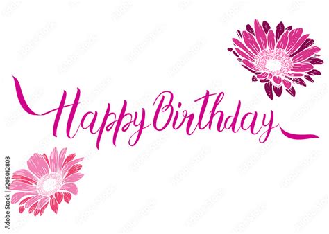 Happy Birthday Pink Text With Flowers Isolated On White Background