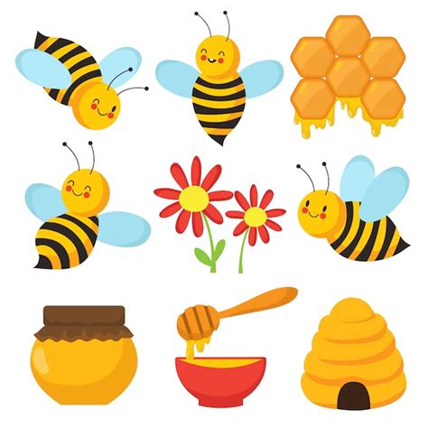 Premium Vector Cartoon Bee Cute Bees Flowers And Honey Isolated