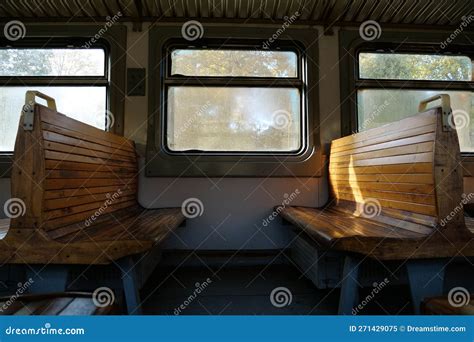 Old Empty Wagon Of Train Wooden Seats In An Empty Coach Of Train Stock