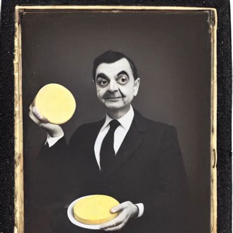 Ambrotype Of Mr Bean Eating A Large Wheel Of Cheese Stable Diffusion