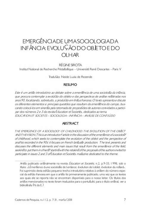 PDF EMERGNCIA DE UMA SOCIOLOGIA DA INFNCIA EVOLUˆO A