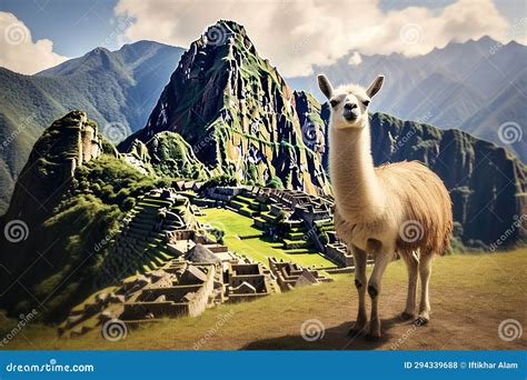 Llama And The Ruins Of The Ancient City Of Machu Picchu Lama And Machu