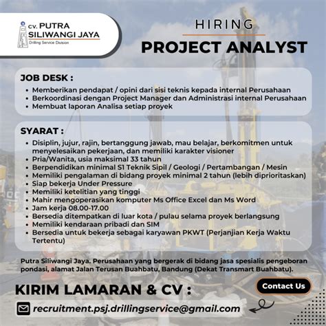 Lowongan Kerja Project Analyst Di CV Putra Siliwangi Jaya