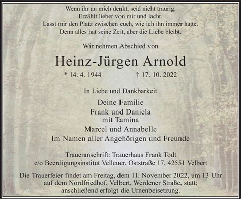 Traueranzeigen Von Heinz J Rgen Arnold Trauer In Nrw De