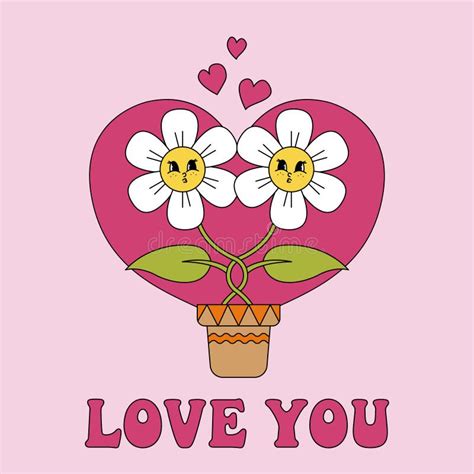 Love You Groovy Daisy Flower Posters Valentine`s Day Greeting Card With Retro Style Faces 60s