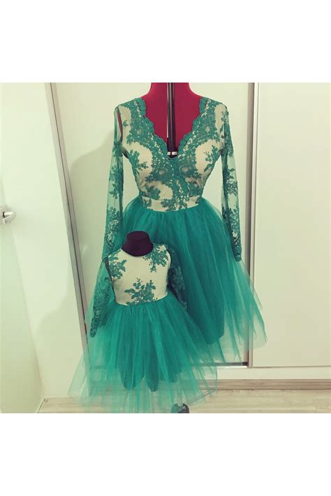 Set Mama Fiica Din Broderie Si Tulle Verde Smarald Captuseala Nude
