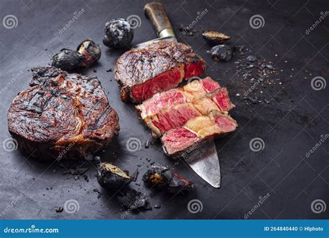 Traditional Barbecue Dry Aged Wagyu Rib Eye Beef Steaks With Charred