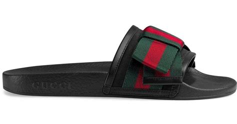 Gucci Satin Black Pursuit Cotton And Leather Ribbon Bow Flat Slides Lyst