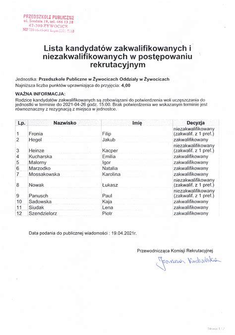 Rekrutacja do przedszkola lista kandydatów Przedszkole Publiczne w