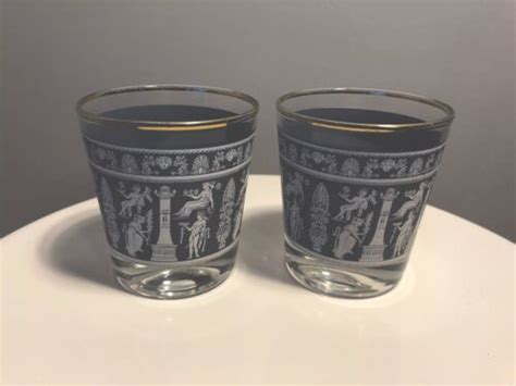 Vintage Jeannette Glass Corinthian Blue And White Tumblers Gold Trim Barware Pair Ebay