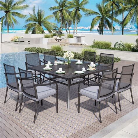 PHI VILLA 9 Piece Black Metal Outdoor Dining Set With Slat Extra Large