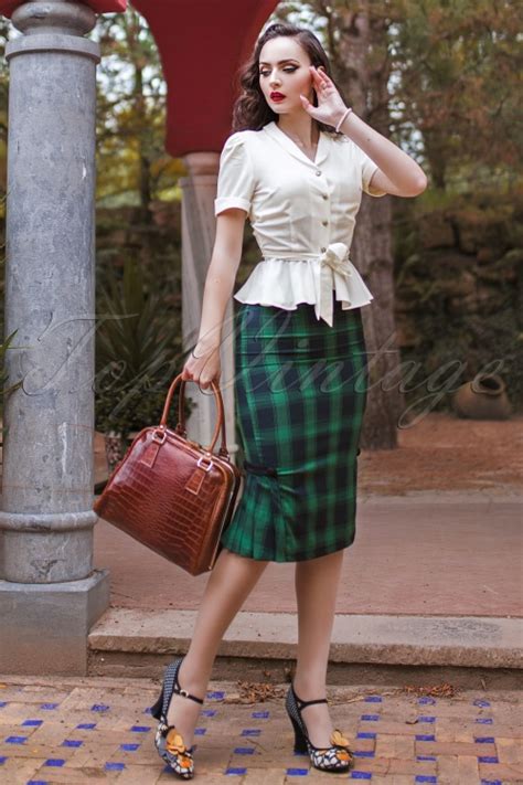 40s Agnes Tartan Pencil Skirt In Green