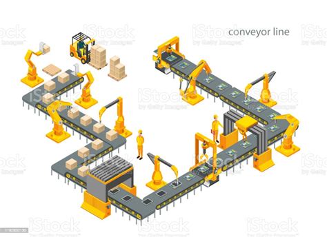 Pabrik Otomatis Dengan Garis Konveyor Dan Lengan Robot Proses Perakitan
