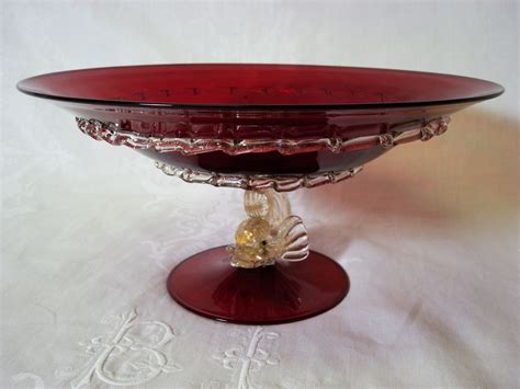 Ruby Venetian Murano Glass Centerpiece Bowl With Dolphin Base From Provenancenaples On Ruby Lane