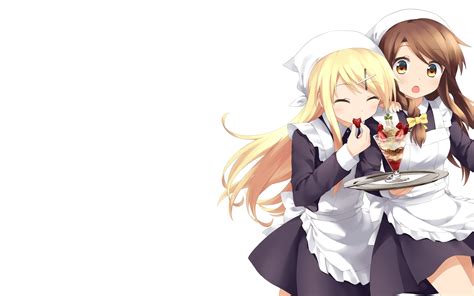 2girls Apron Blonde Hair Blush Bow Braids Brown Eyes Brown Hair Dress