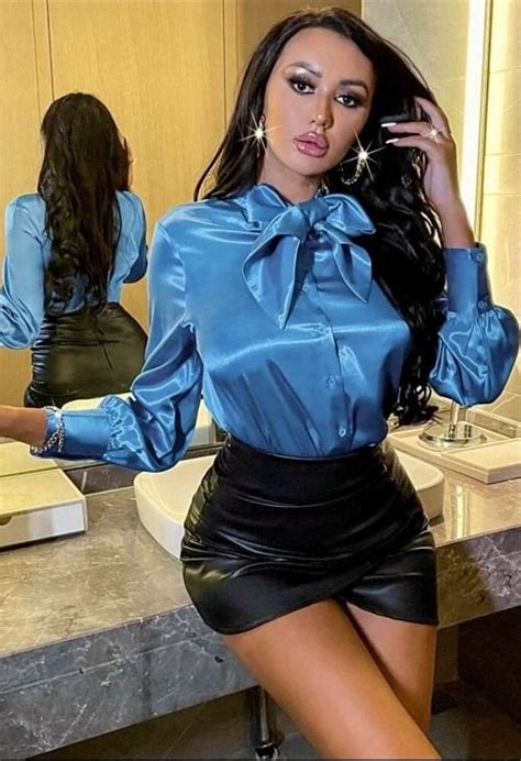 Vova1577 On Twitter Nice Blue Satin Blouse With Leather Skirt Perfect