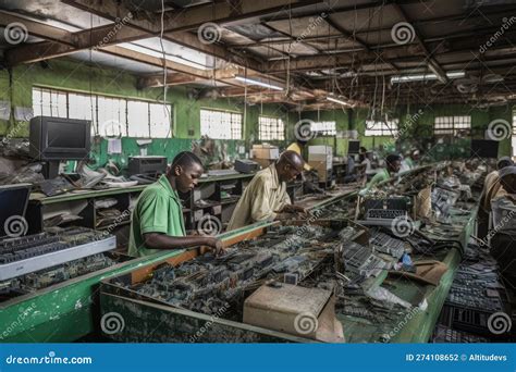 Electronic Recycling Center With Workers Dismantling And Sorting E