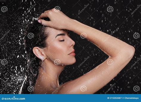 Young Woman Washing Hair While Taking Shower On Black Background Stock Image Image Of Female