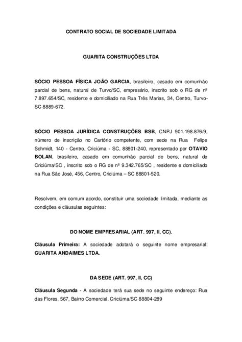 Pdf Contrato Social De Sociedade Limitada Modelo