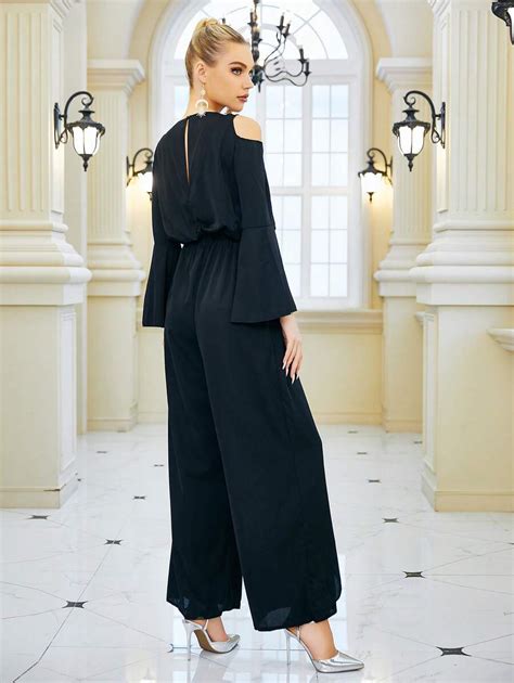 Cold Shoulder Flare Sleeve Wide Leg Jumpsuit Shein Uk