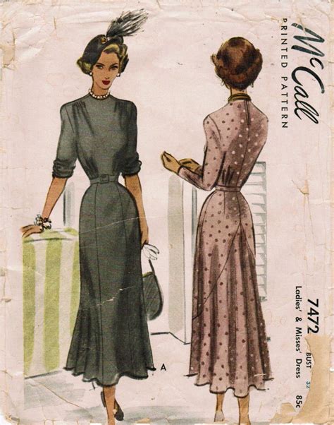 1940s Fashion Pattern McCall Dress 7472 1948 Vintage Dress Design