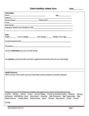 Fillable Online Client Nutrition Intake Form Date Fax Email Print