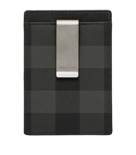 Mens Burberry Grey Check Leather Trimmed Money Clip Card Holder