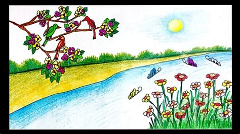 How To Draw Spring Season Scenery Step By Step Spring Season Scenery