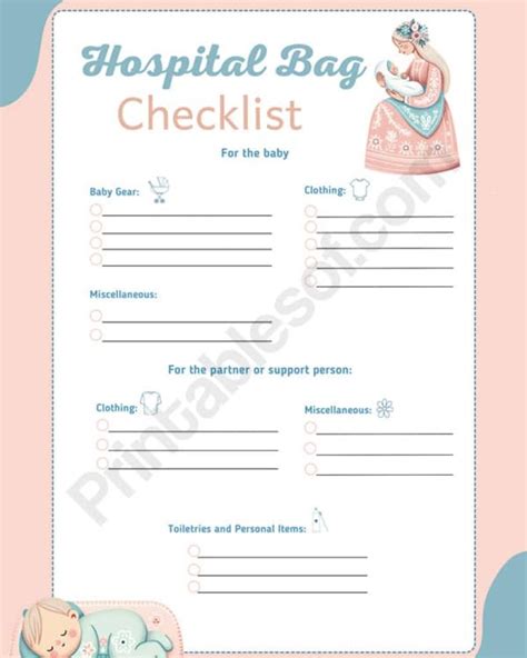 Hospital Bag Checklist Blank Checklist Template Printable Fillable