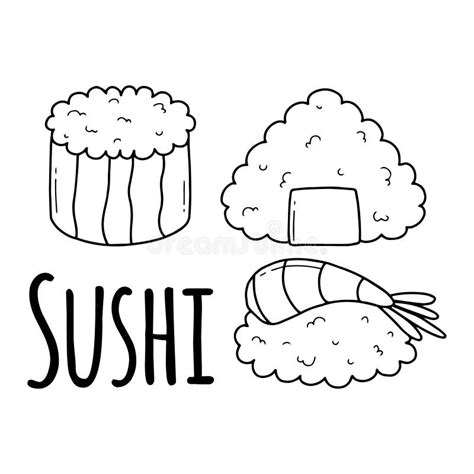 Cute Sushi In Doodle Style Vector Illustration Asian Food Salmon