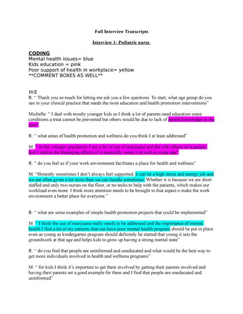 Coded Interview Transcript Full Interview Transcripts Interview 1 Pediatric Nurse Coding