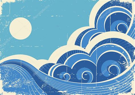 Abstract Sea Waves Vector Grunge Illustration Of Sea Landscape Stock