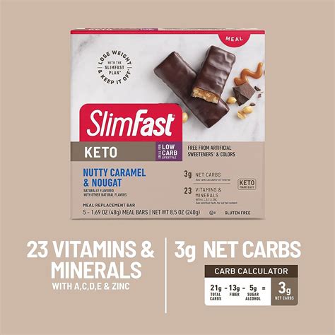 SlimFast Low Carb Keto Caramel Nut Bar 5 Count Box 9g Protein