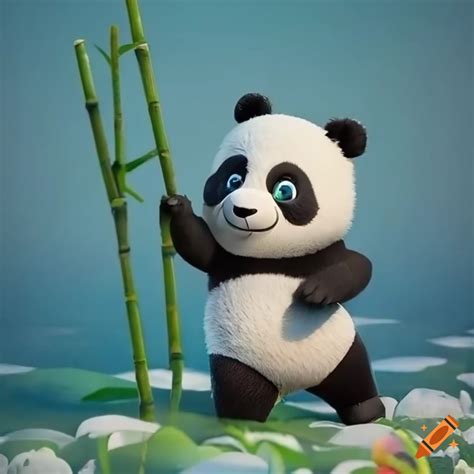 A Super Cute Panda Bear Eating A Bamboo On A Lake Pixar Character