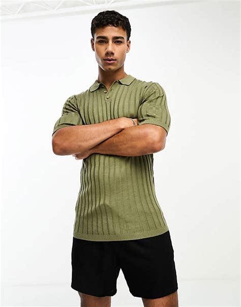 Asos Design Muscle Lightweight Knitted Rib Polo In Khaki Asos