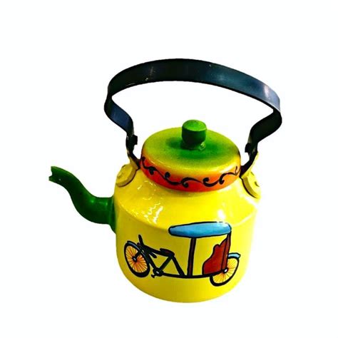 Yellow Round Hand Painted Tea Kettle Aluminium For Kitchen Storage At