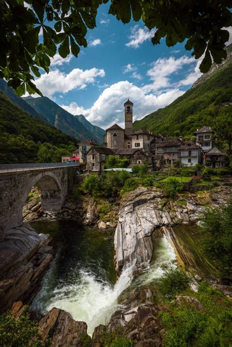 Lavertezzo Switzerland Mountains Bridges Rivers Houses Alps Crag