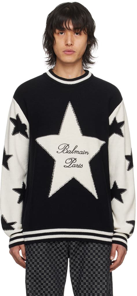 Pull noir et blanc à images en tricot jacquard Balmain en solde