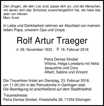 Traueranzeigen Von Rolf Artur Traeger Ostalbtrauer