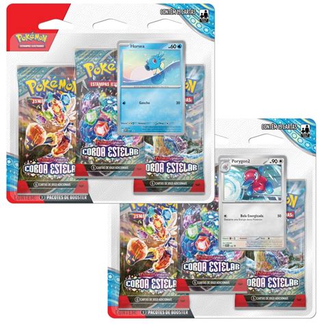 BLISTER TRIPLO POKÉMON COROA ESTELAR EV7 HORSEA OU PORYGON 2 ESCARLATE