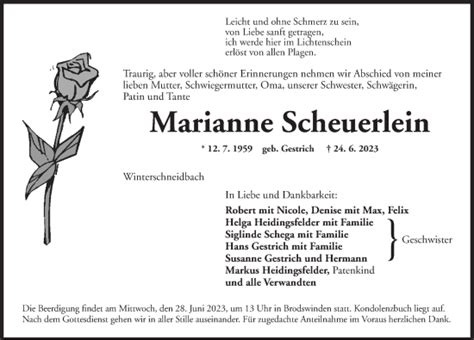 Traueranzeigen Von Marianne Scheuerlein Trauer Flz De