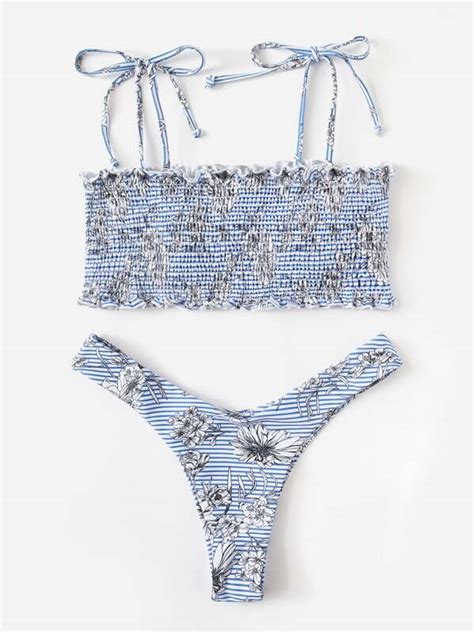 Is That The New Random Floral Smocked Top With High Cut Bikini ROMWE USA